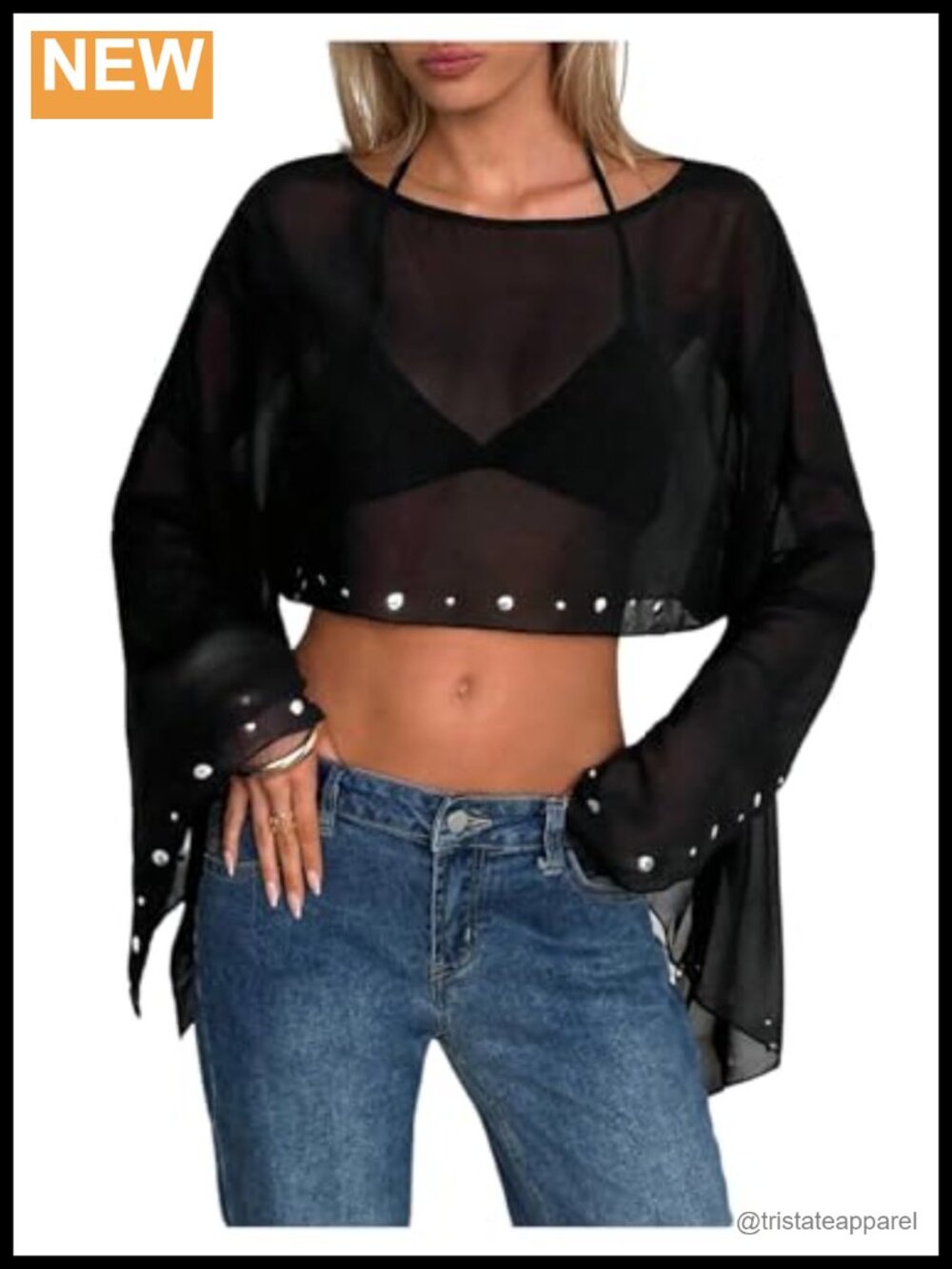 Verdusa Studded Chiffon Crop Blouse Asymmetrical Flare Sleeve Boat Neck Top